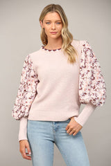 CROSSWINDS Contrast Woven JulietteSleeve CrewNeck Sweater