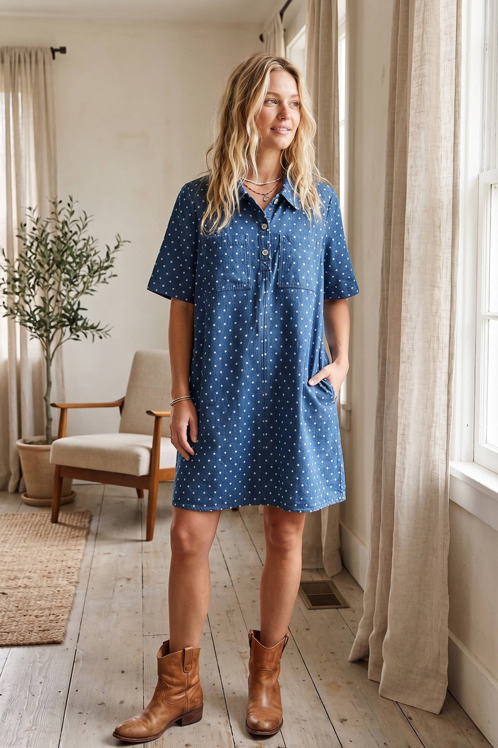 Polka Dot Denim Shirt Dress: BROWN / S