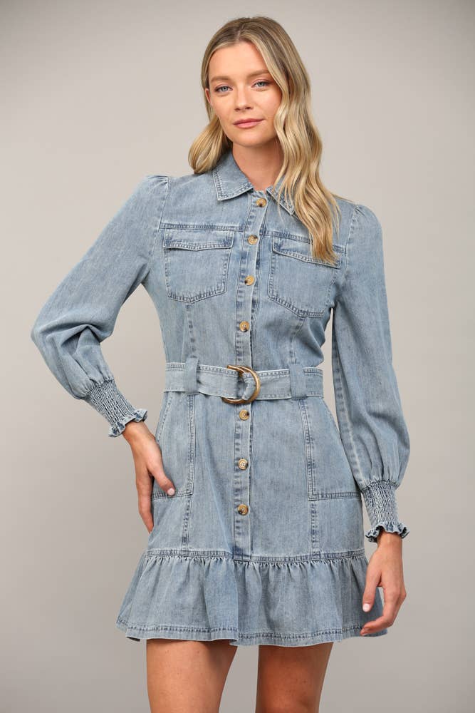 MERITT Belted Washed Denim LongSleeve Dress