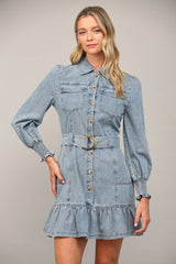 MERITT Belted Washed Denim LongSleeve Dress