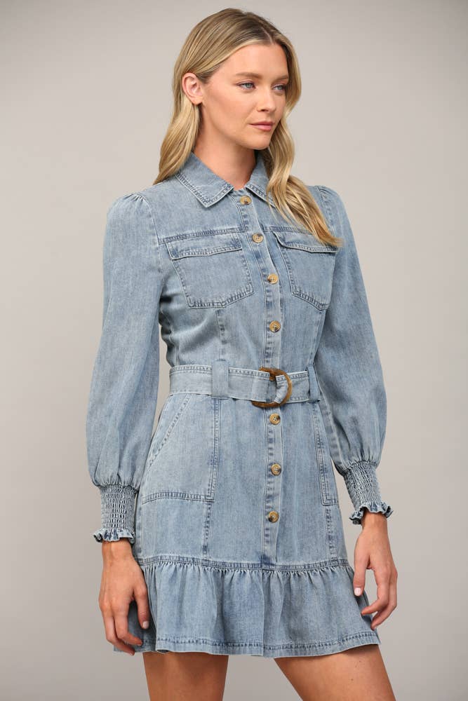 MERITT Belted Washed Denim LongSleeve Dress