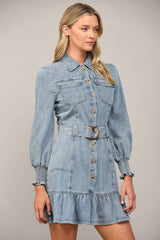 MERITT Belted Washed Denim LongSleeve Dress