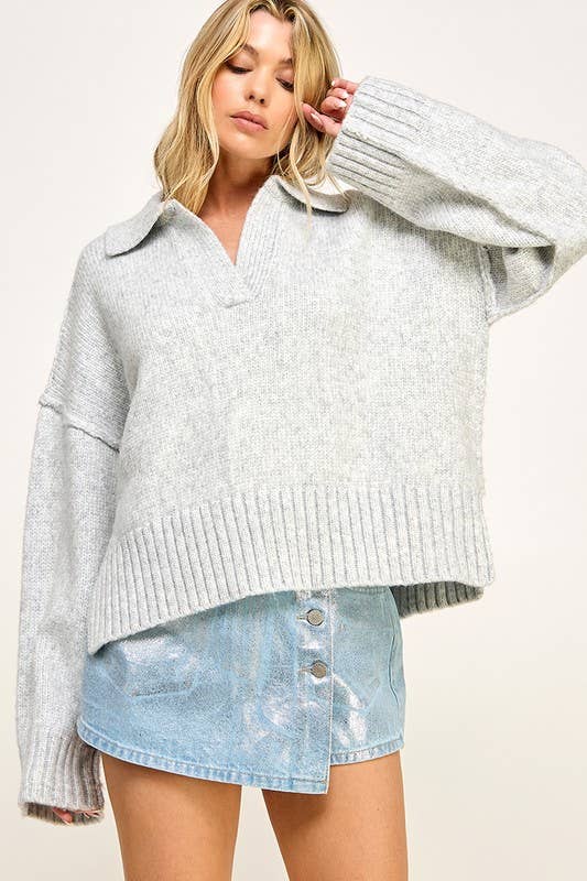 WALTZ Polo Collar V-Neck Sweater Top