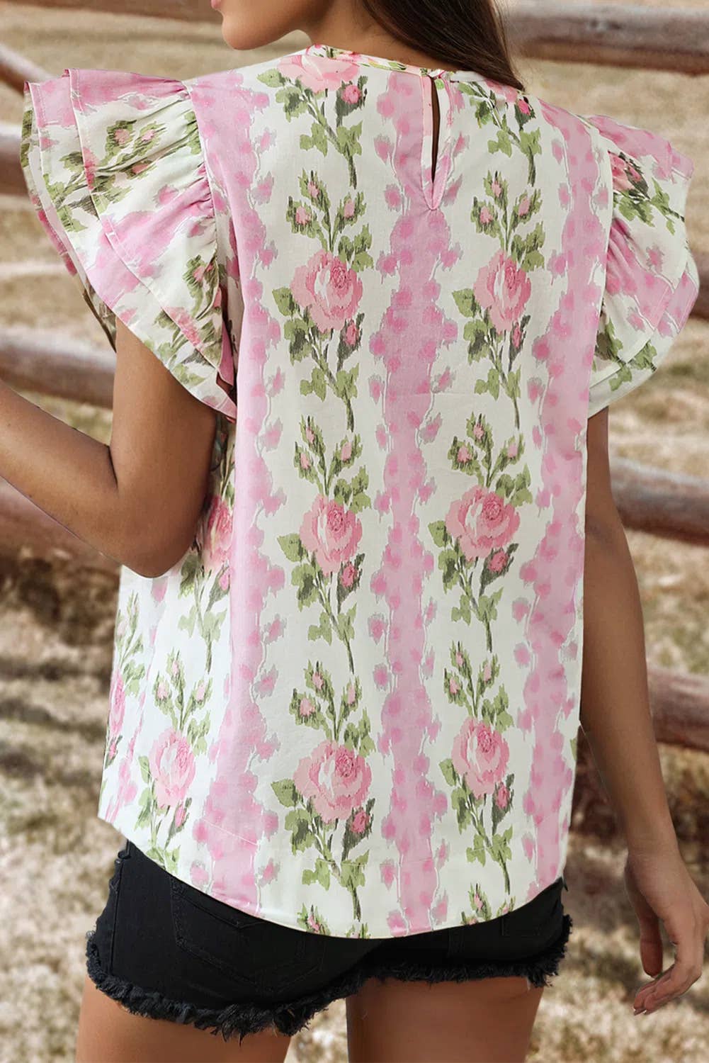 WARD Floral/Stripe RuffleSleeve Top