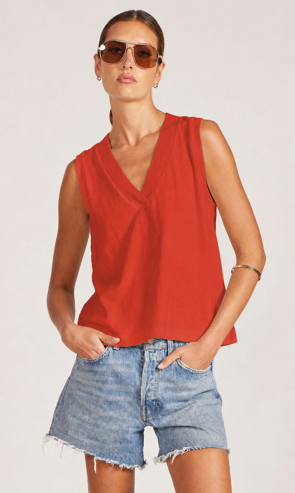 Bobi Banded V-Neck Tank - Barn Red