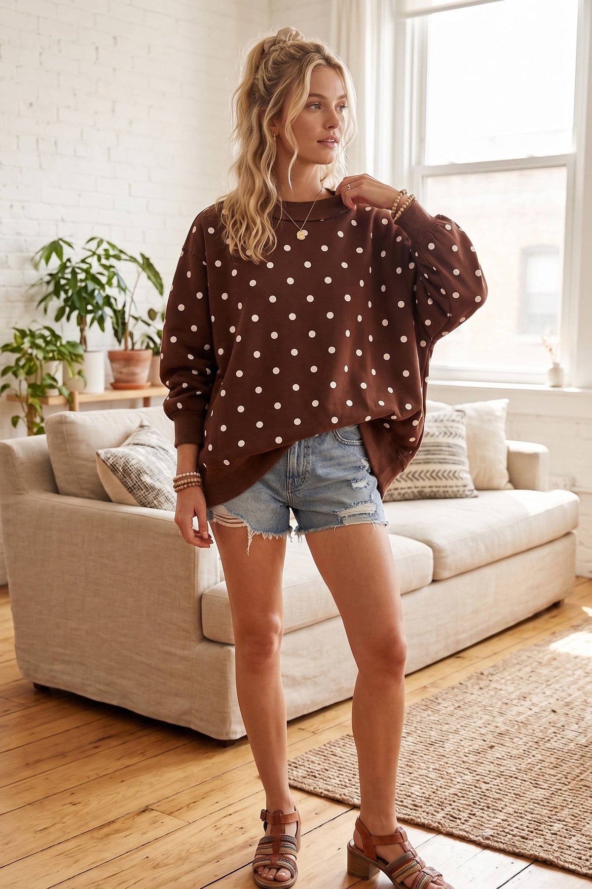 Oversized Polka Dot Scuba Pullover: BROWN/WHITE / L