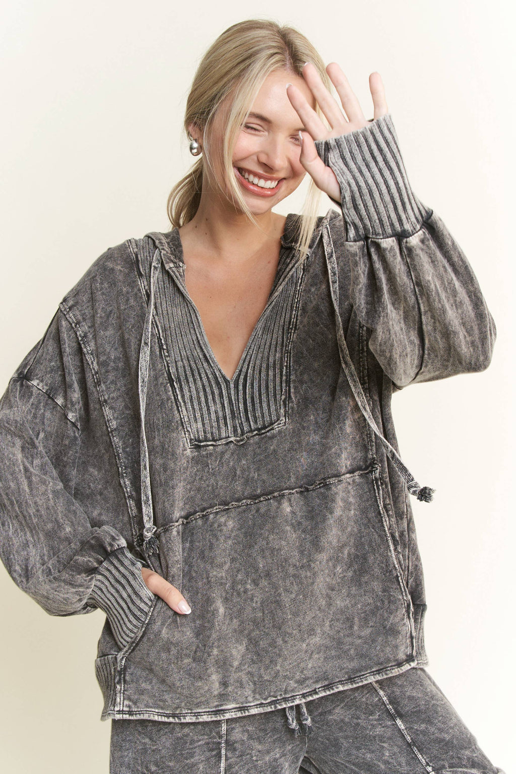 OATH MineralWash Vneck Hoodie Sweatshirt with Thumbholes Top