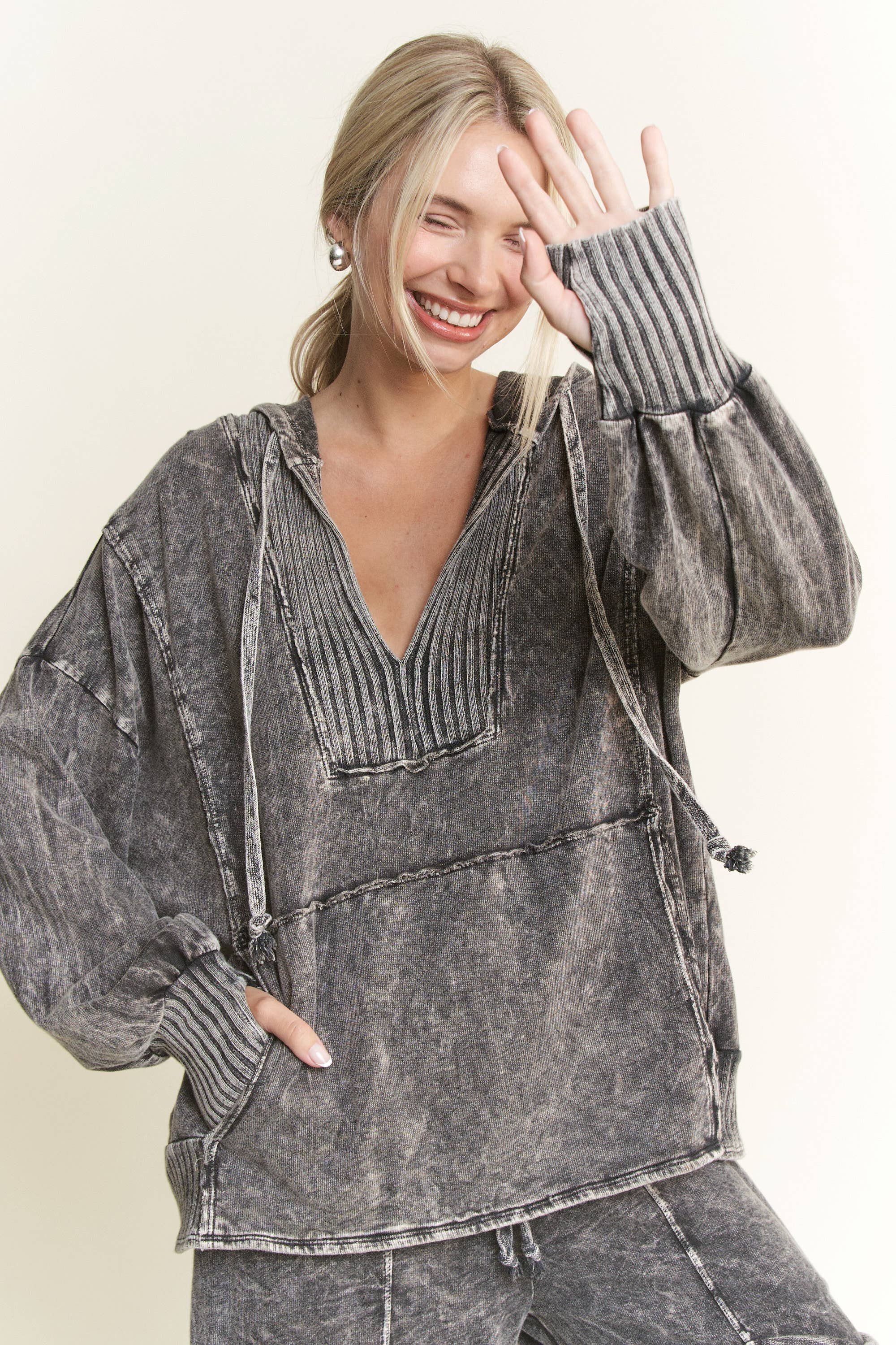 OATH MineralWash Vneck Hoodie Sweatshirt with Thumbholes Top