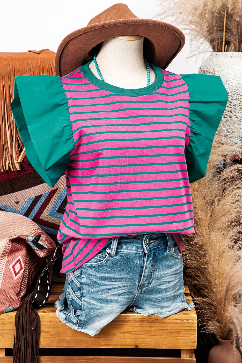 CROSSWINDS Stripe Colorblock RuffleSleeve CrewNeck Top