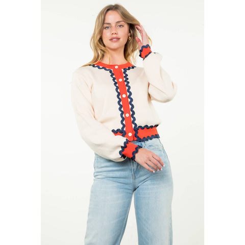 SHAI Ricrac Trim ButtonUp Knit Cardigan Top