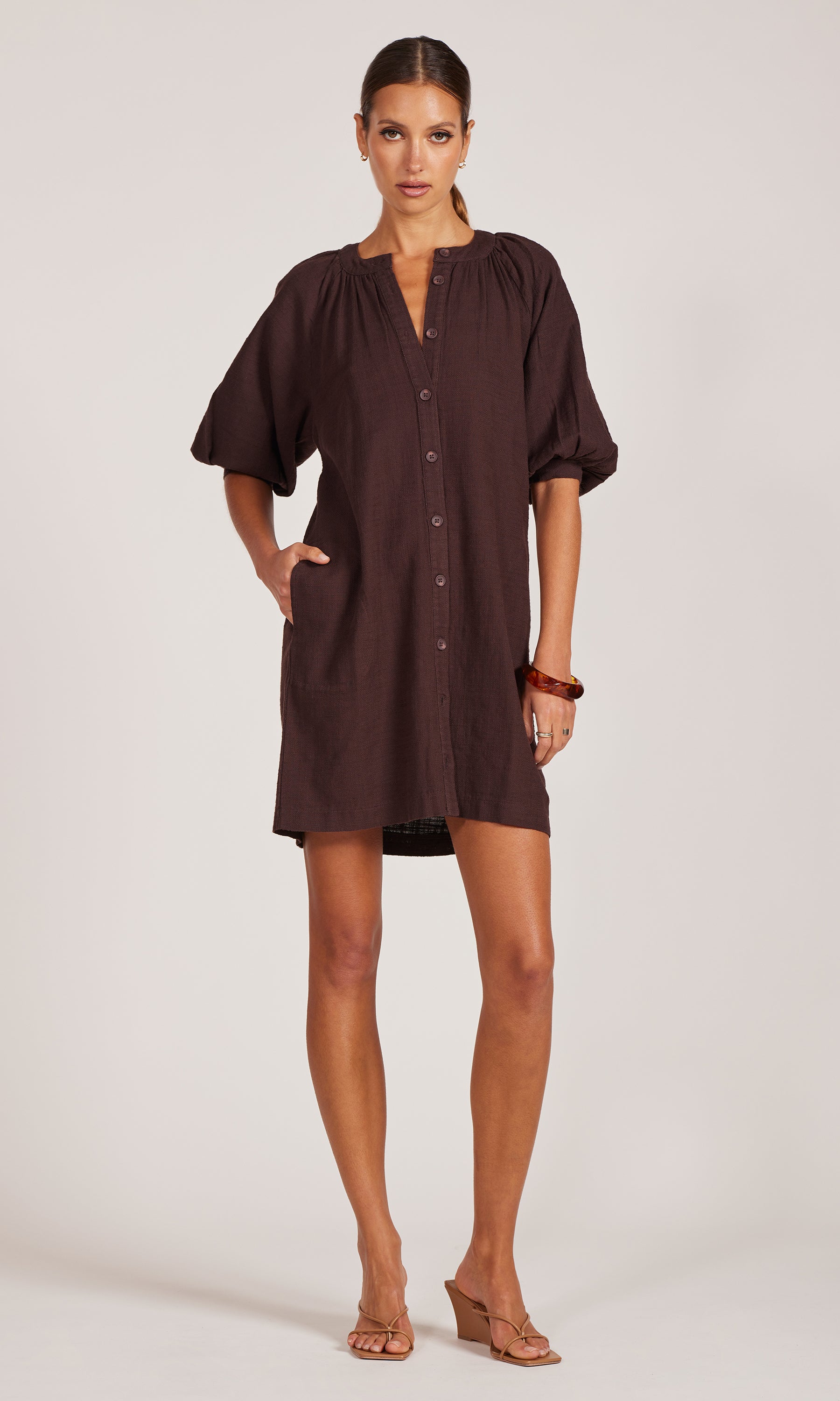 Bobi Buttoned Front Day Dress - Umber