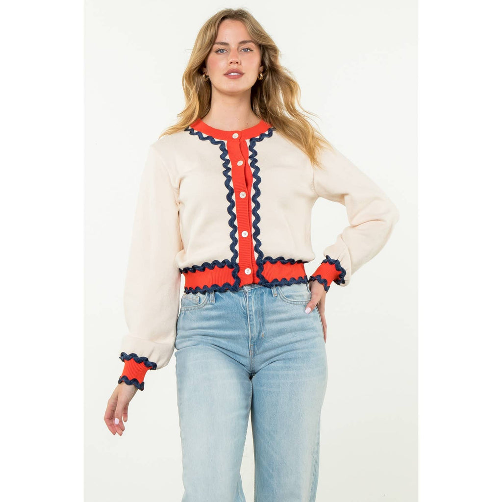 SHAI Ricrac Trim ButtonUp Knit Cardigan Top