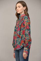 INSIST Floral Tucked Yoke StandCollar Top