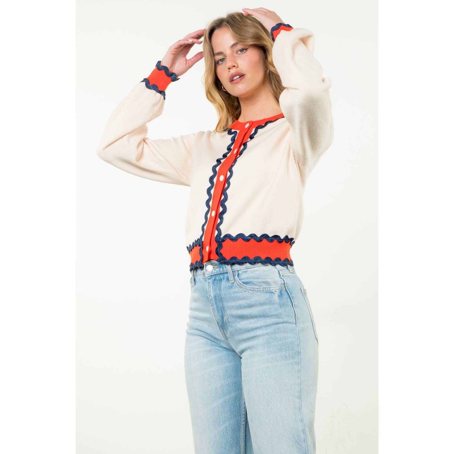 SHAI Ricrac Trim ButtonUp Knit Cardigan Top