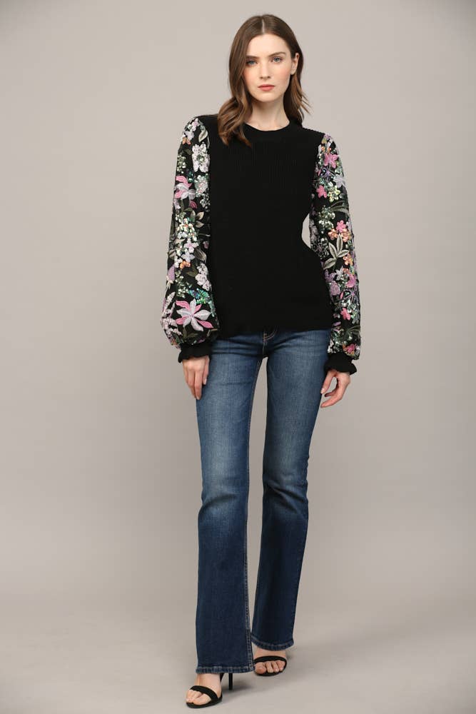 COLLINS Contrast SequinSleeve CrewNeck Sweater Top Jo Jo