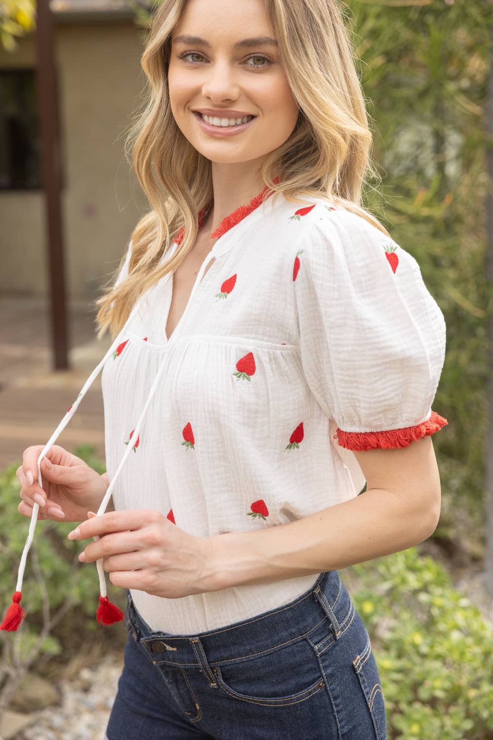 NORA Strawberry Embroidery Gauze Top