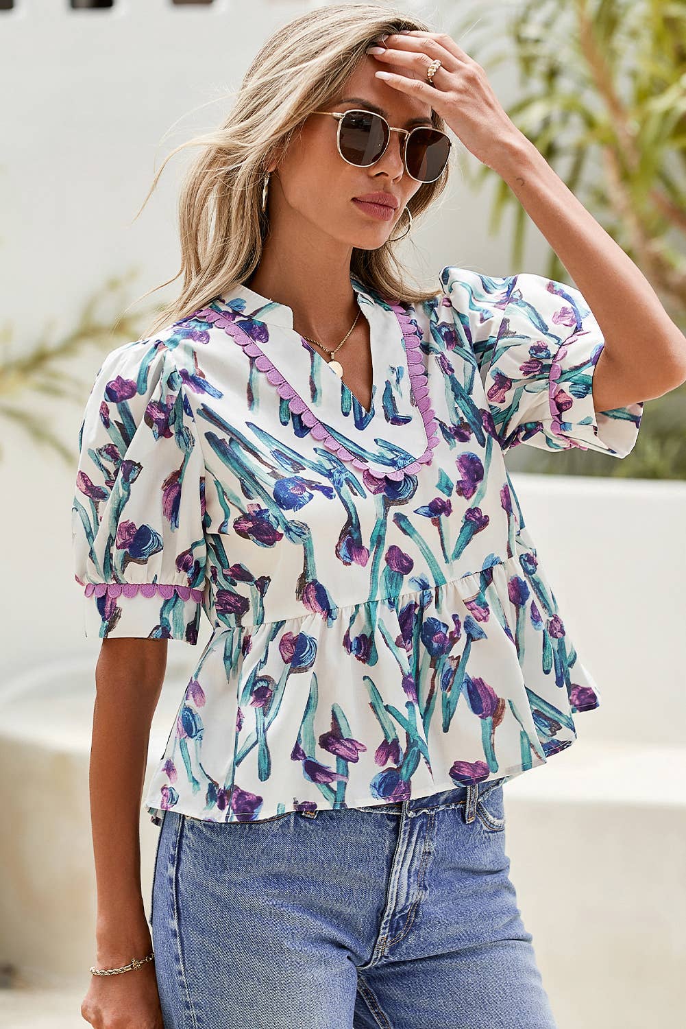 SHARED Floral RicRac Trim HalfSleeve Peplum Top