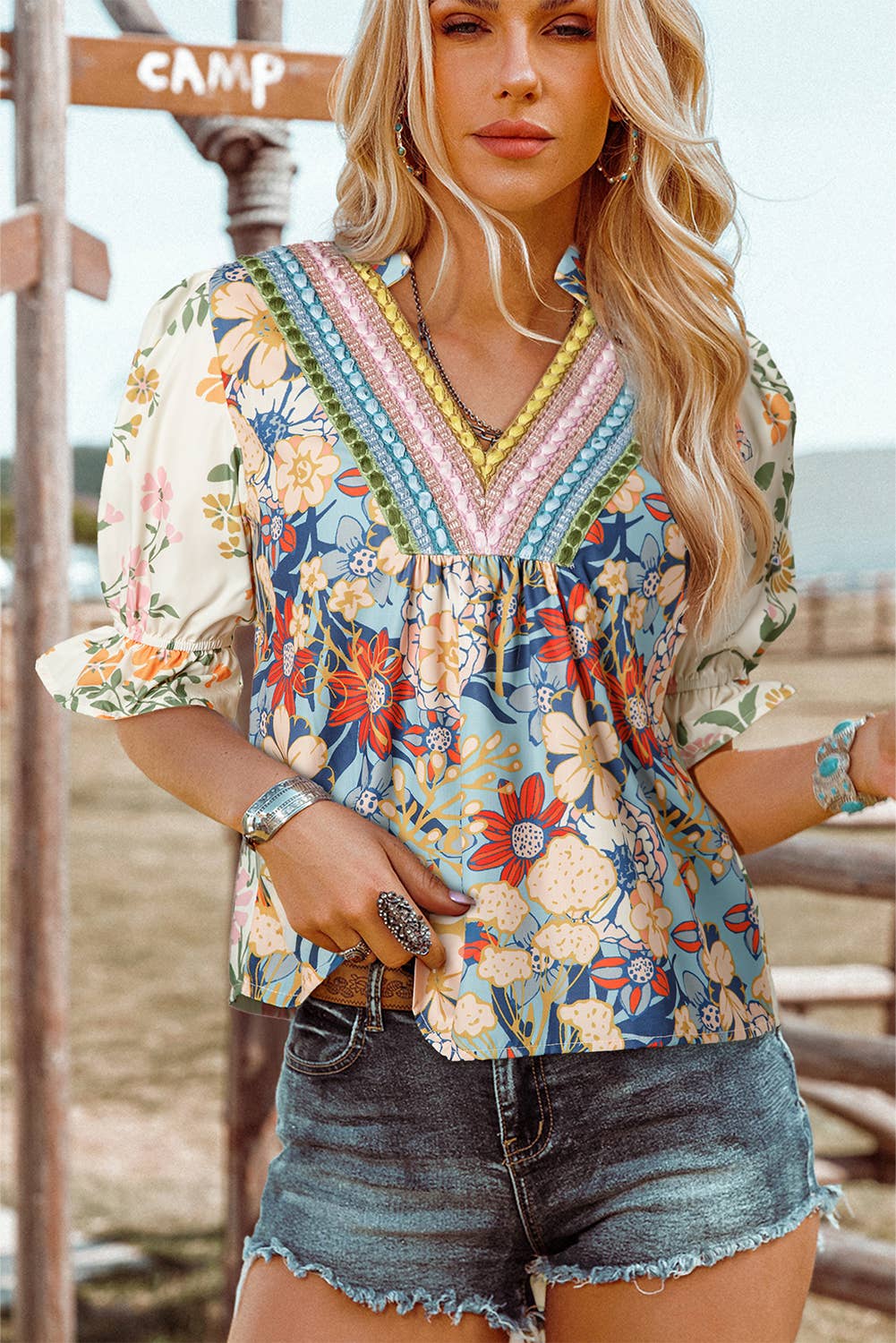 PHASE Boho Floral Embroidered Half Sleeve Floral Top