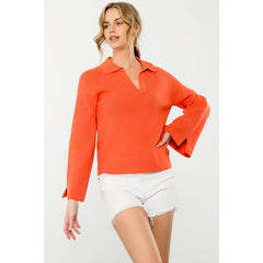 ALEXA Collared Rib Knit Long Sleeve Top