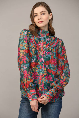 INSIST Floral Tucked Yoke StandCollar Top