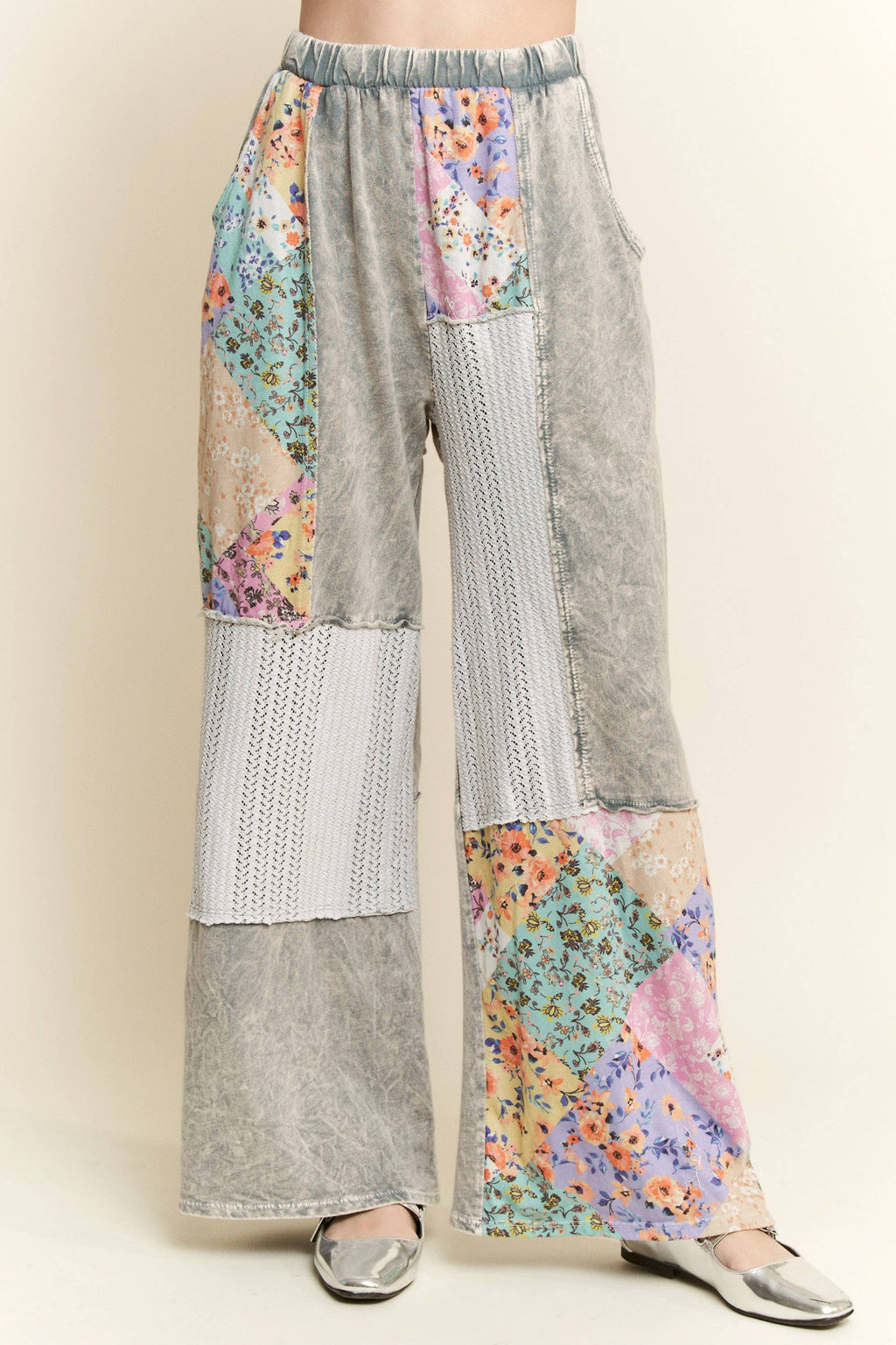 MERE Mineral Washed Floral WaveKnit Jacquard Patchwork Pants