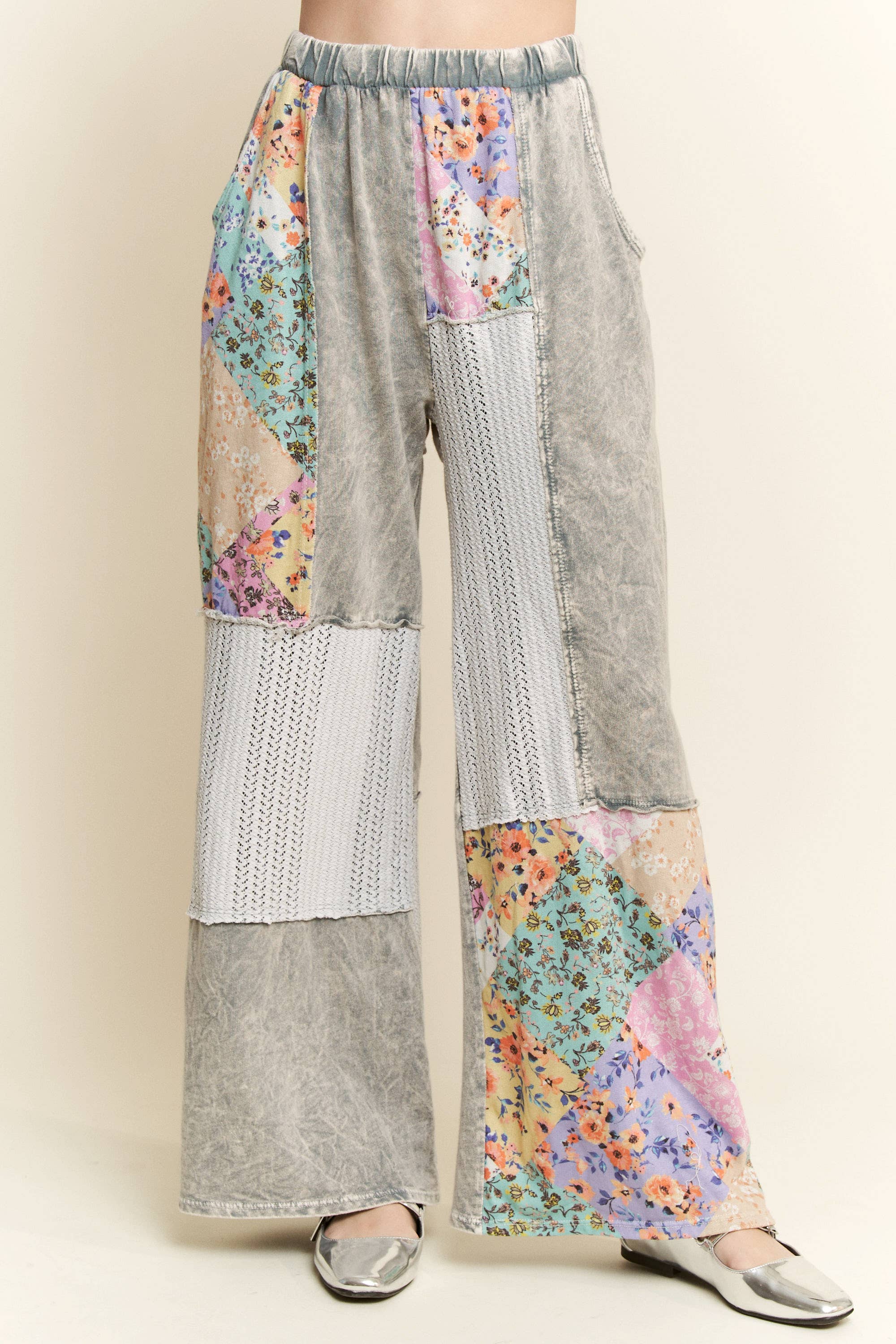 MERE Mineral Washed Floral WaveKnit Jacquard Patchwork Pants
