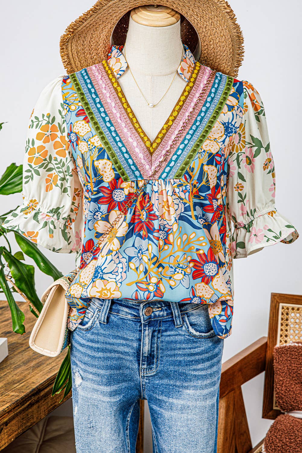 PHASE Boho Floral Embroidered Half Sleeve Floral Top
