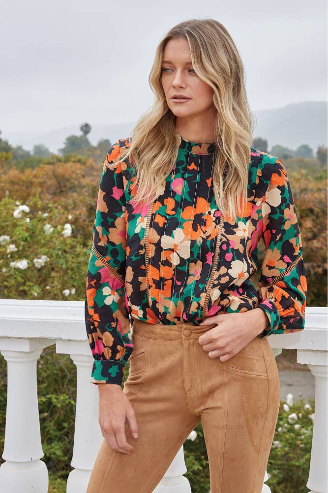 RIO Floral Tucked/Lace Insert Woven Blouse Top