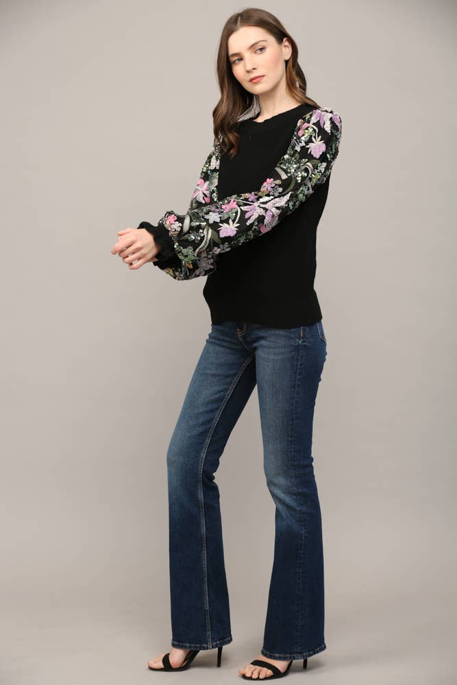 COLLINS Contrast SequinSleeve CrewNeck Sweater Top Jo Jo