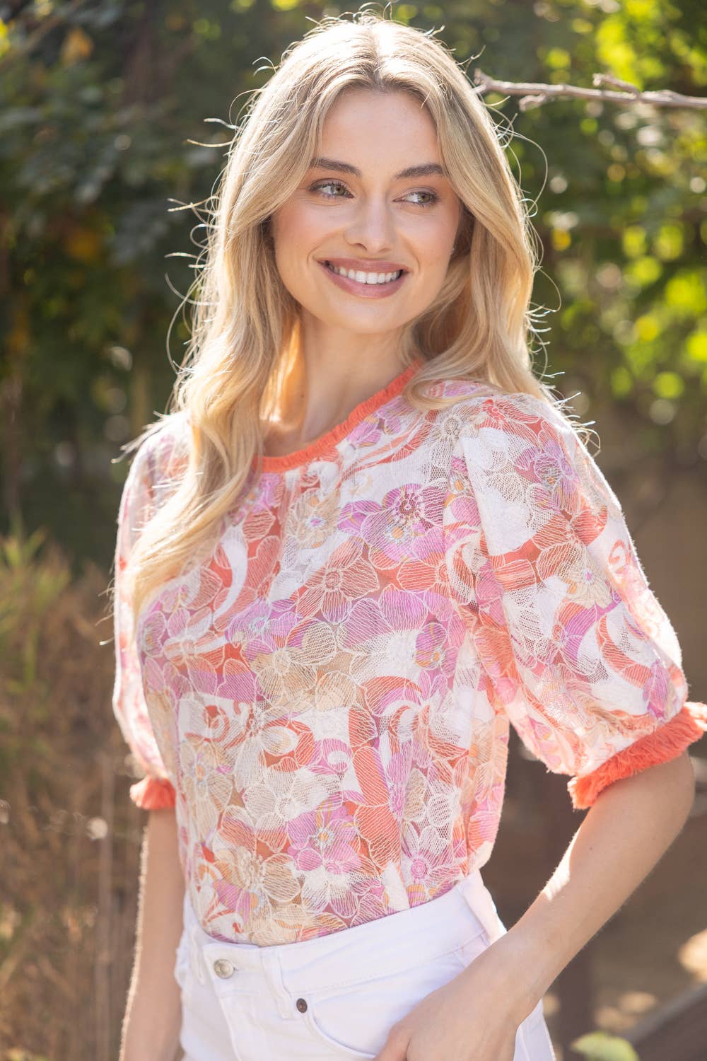 SURROUND Floral Embroidery Print FringeTrim Lace Top