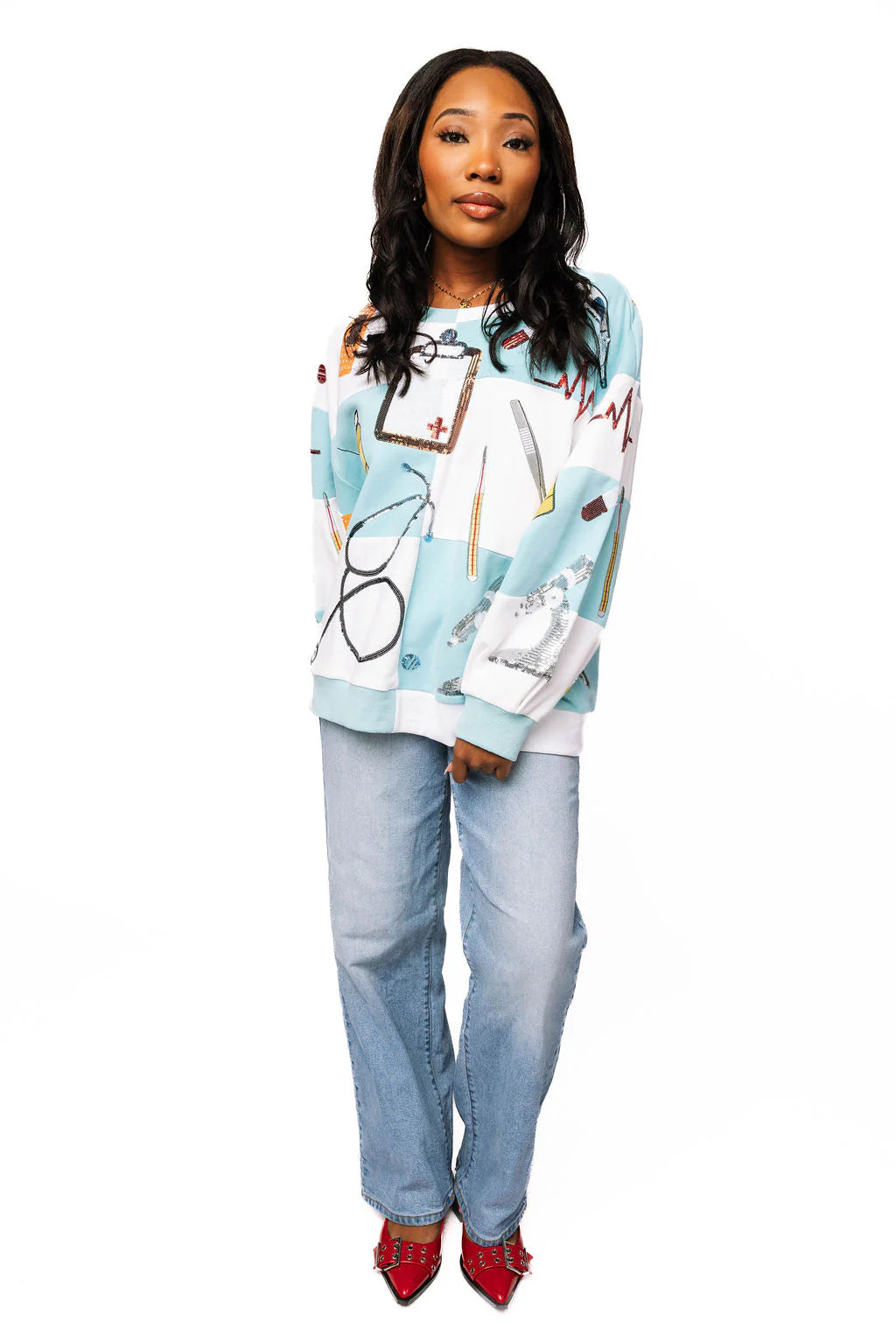 Queen of Sparkles Light Blue & White Checkered Medical Instrument Icon Sweatshirt