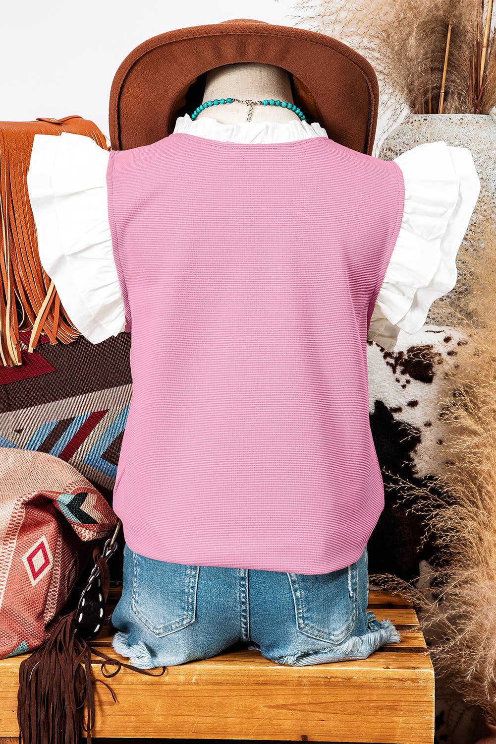 RECLINE Contrast V-Neck Ruffled Twofer Knit Top