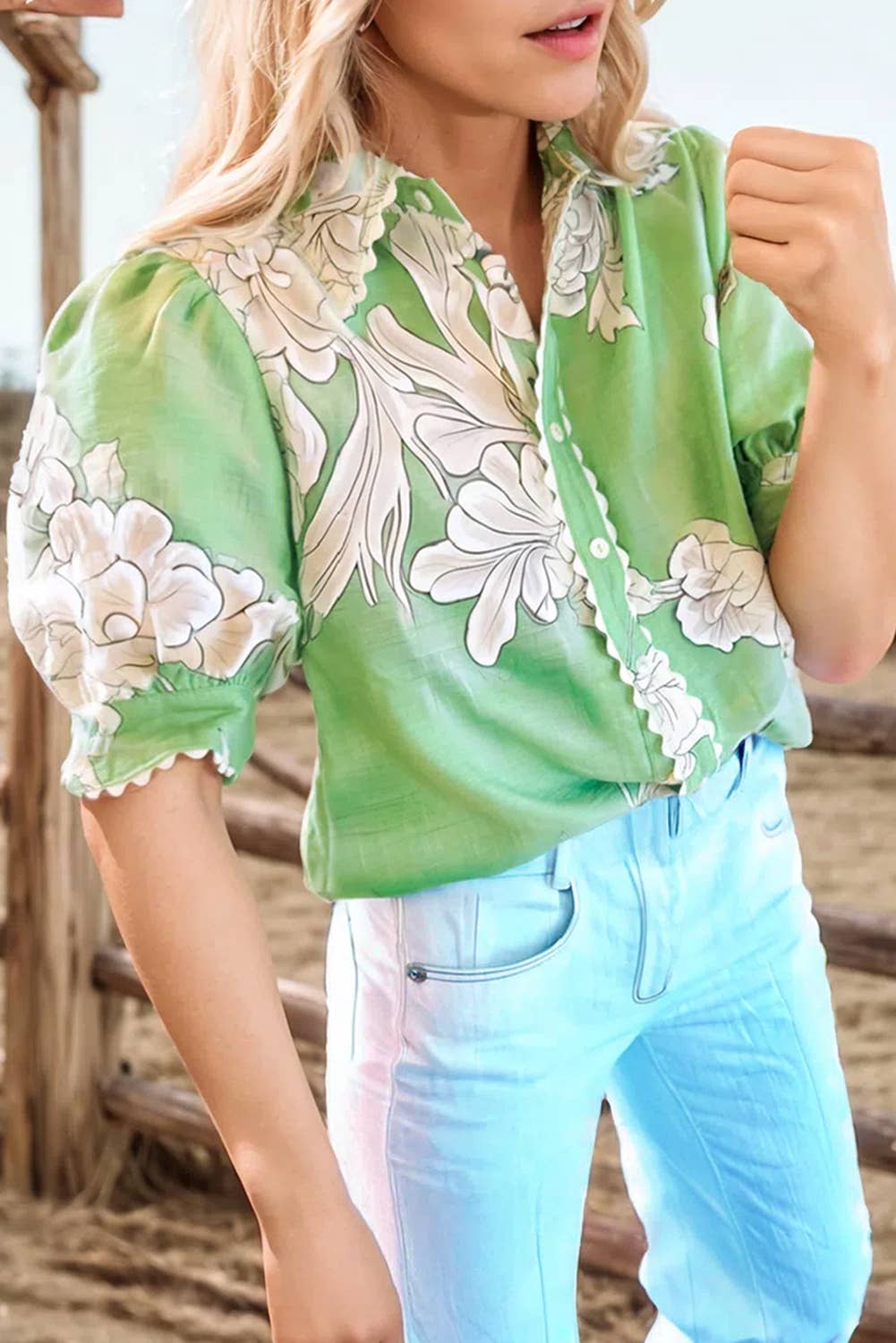 REGARD Floral Ric Rac Trim PuffSleeve Button Up Top