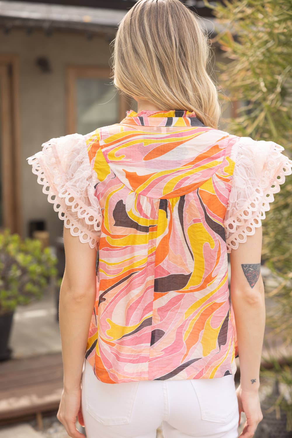 BLAME AbstractPrint MeshSleeves Top
