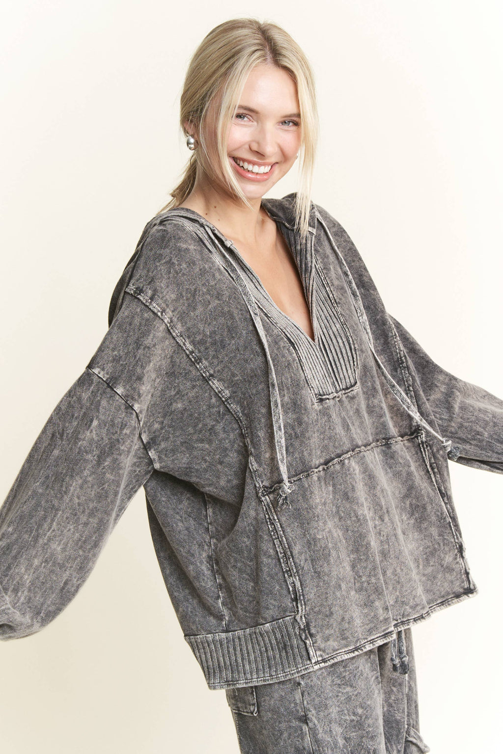 OATH MineralWash Vneck Hoodie Sweatshirt with Thumbholes Top