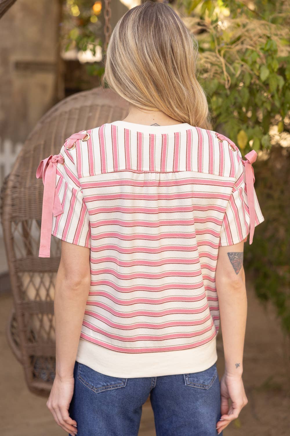 FRAME Stripe LaceUp Grommet Detail Knit Top