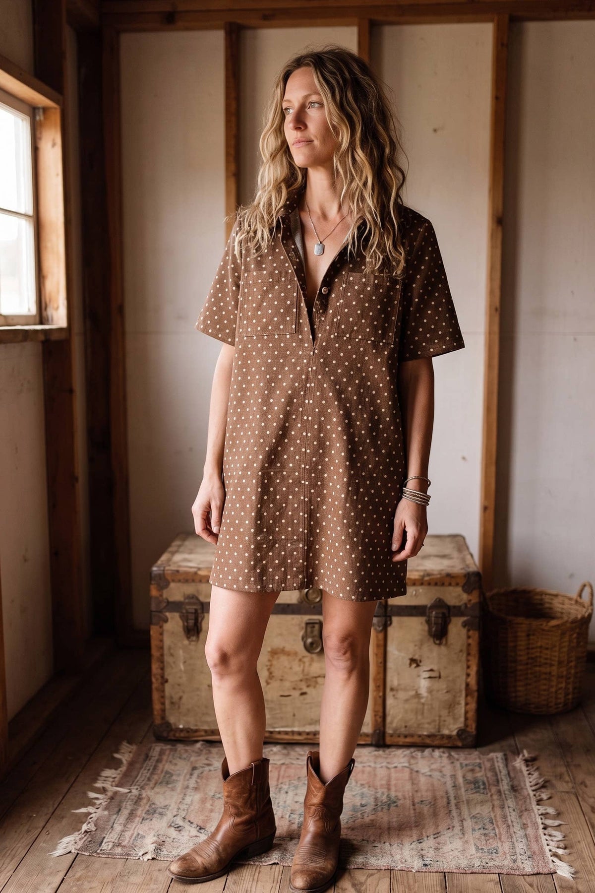 Polka Dot Denim Shirt Dress: BROWN / S
