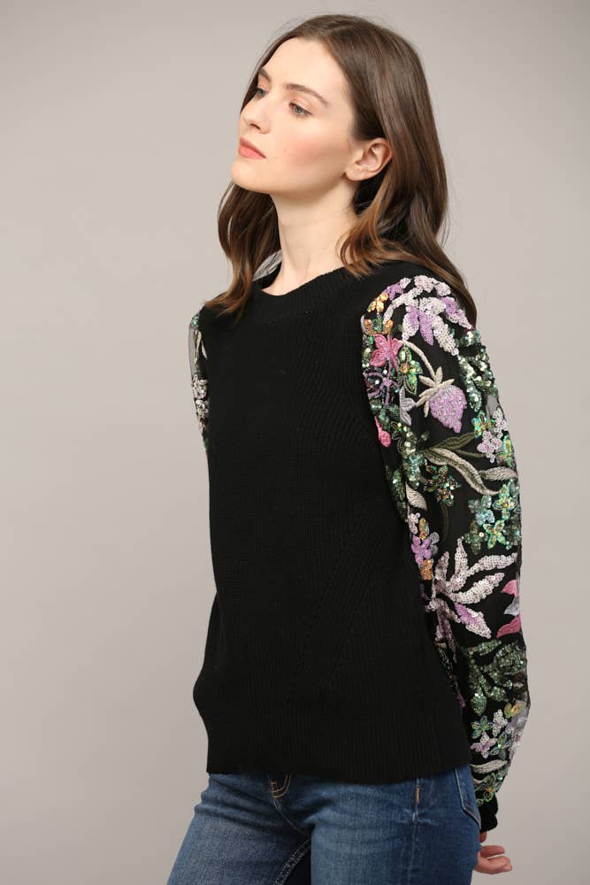 COLLINS Contrast SequinSleeve CrewNeck Sweater Top Jo Jo