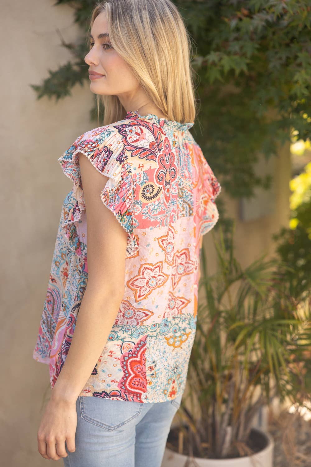 UNRAVEL PleatSleeve Paisley Button Down Top