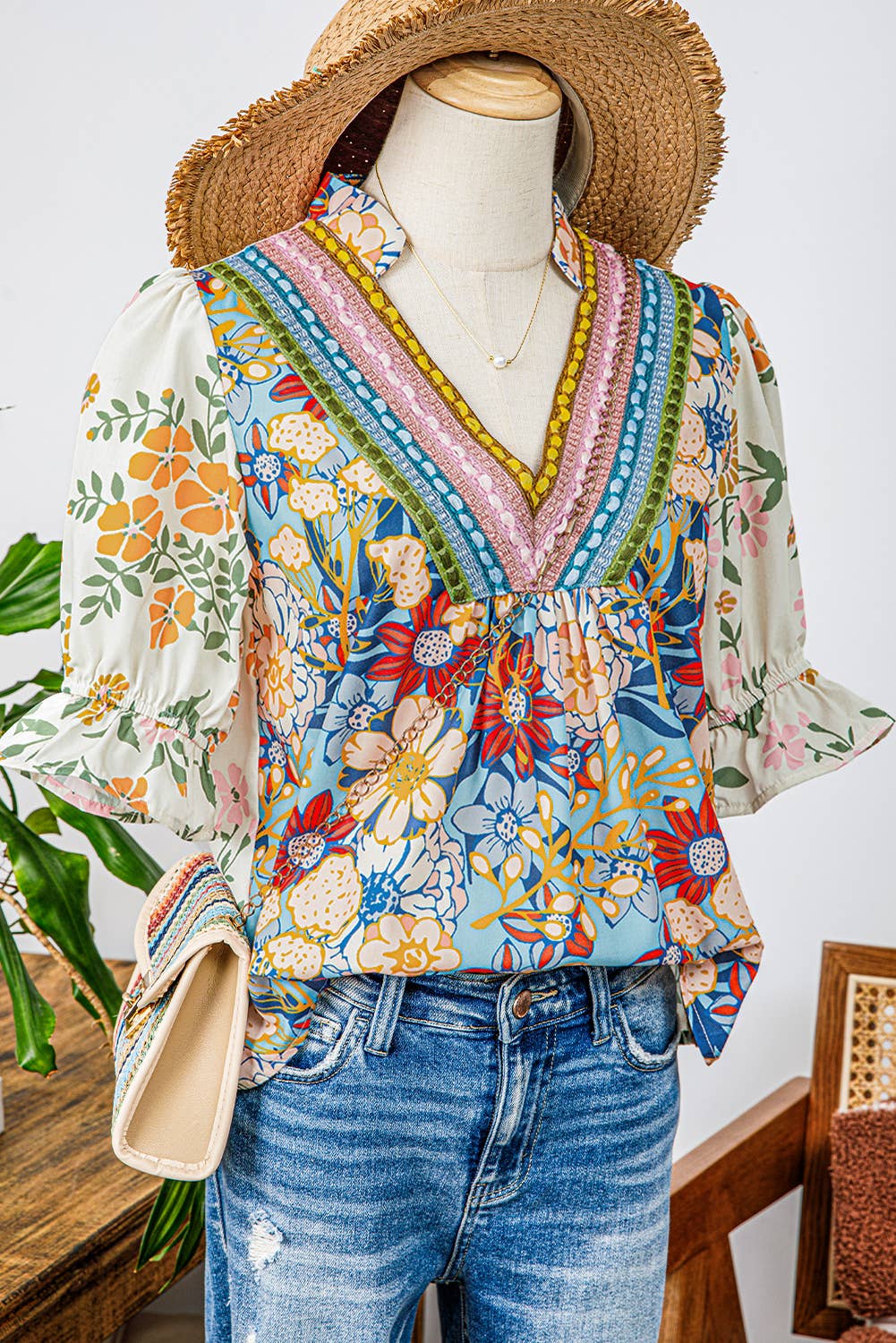 PHASE Boho Floral Embroidered Half Sleeve Floral Top