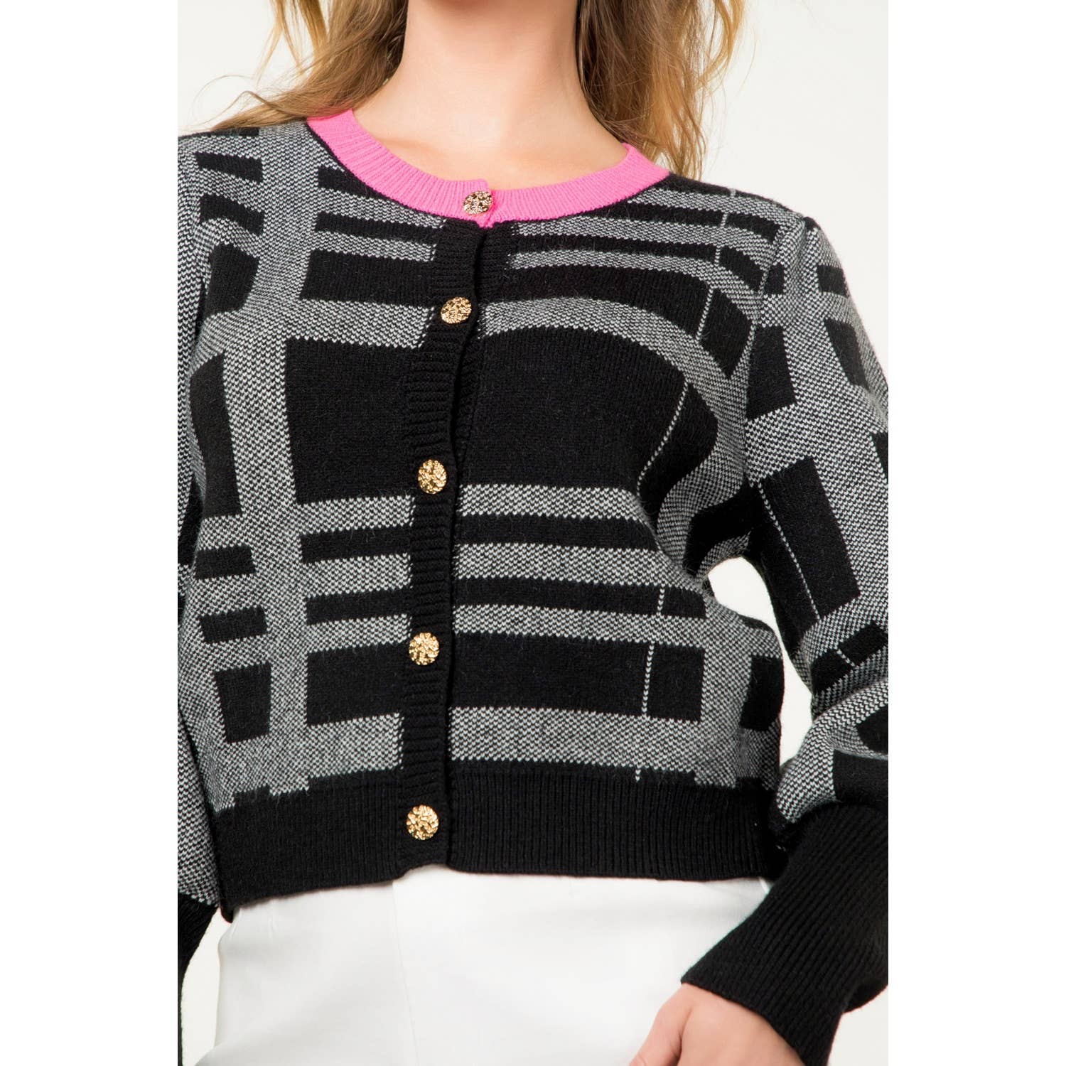 ISABELLA Knit Plaid Contrast Color Cardigan Top