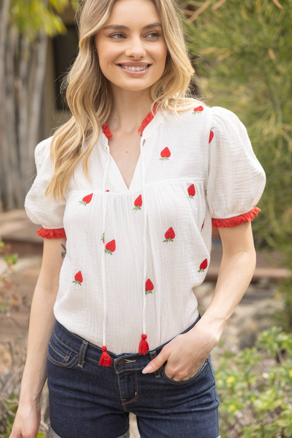 NORA Strawberry Embroidery Gauze Top