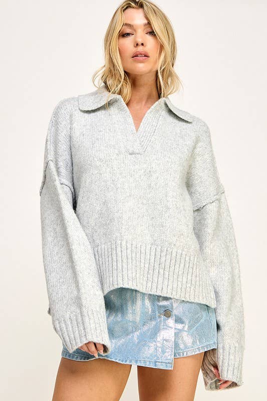 WALTZ Polo Collar V-Neck Sweater Top