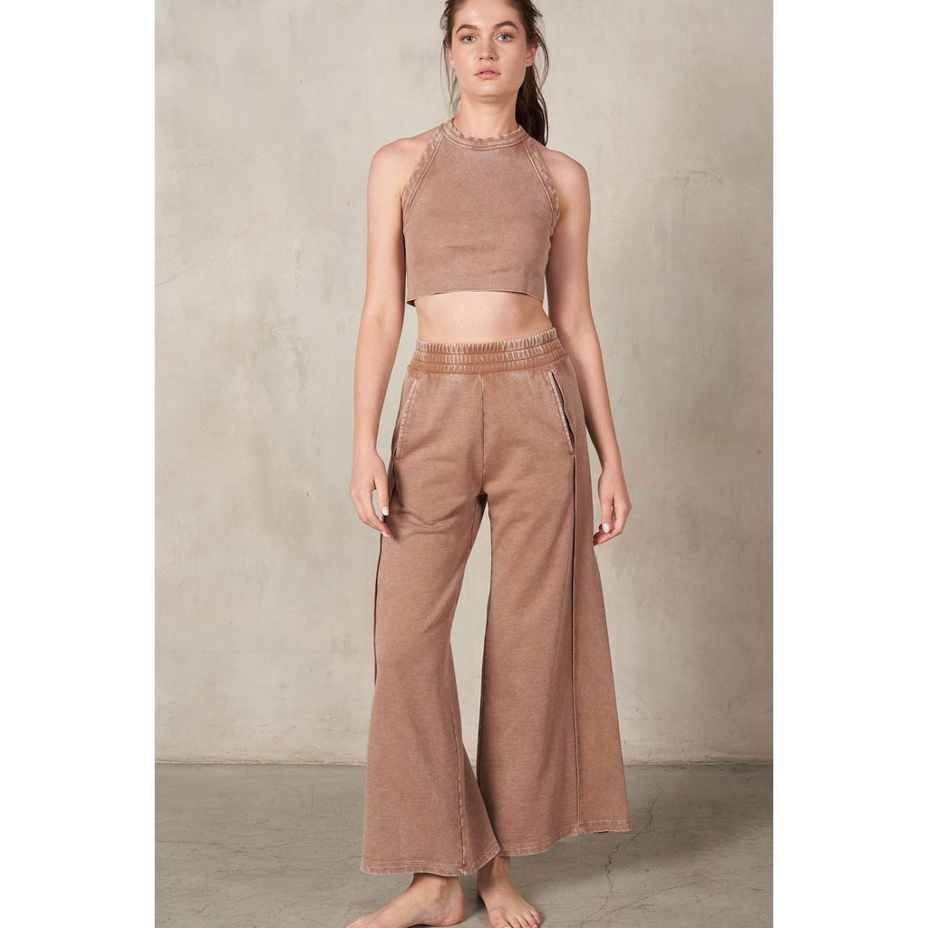 RISEN 2Piece HalterNeck RibMix WideLeg Pant Set