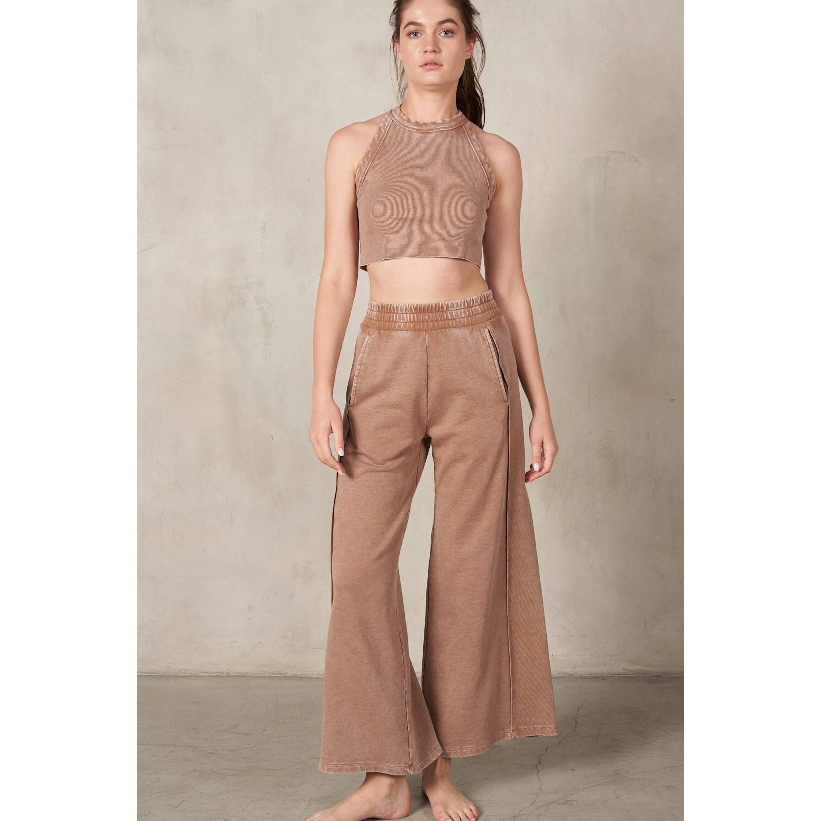 RISEN 2Piece HalterNeck RibMix WideLeg Pant Set