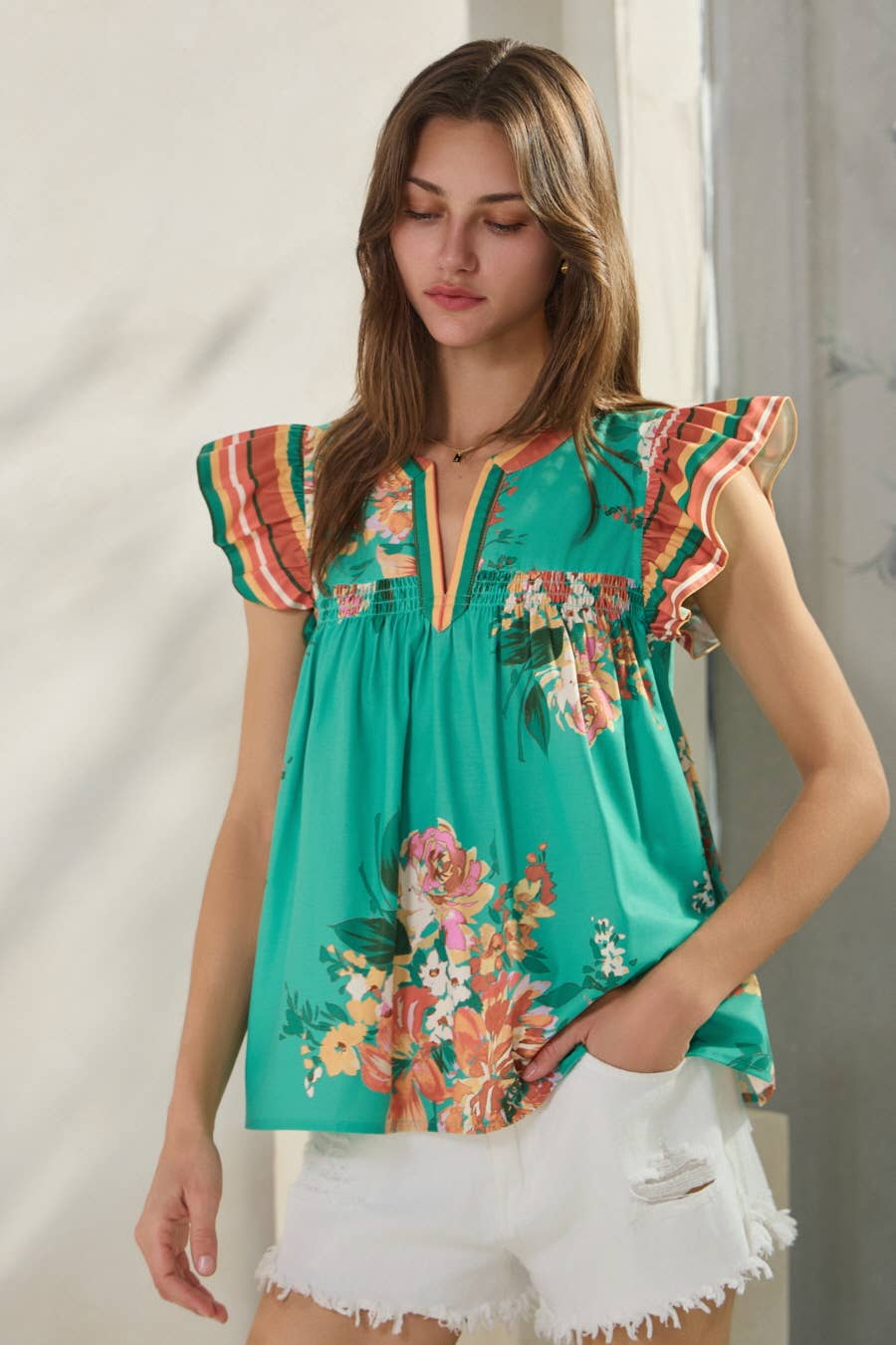 SEDONA Floral StripeBorder SplitNeck Top