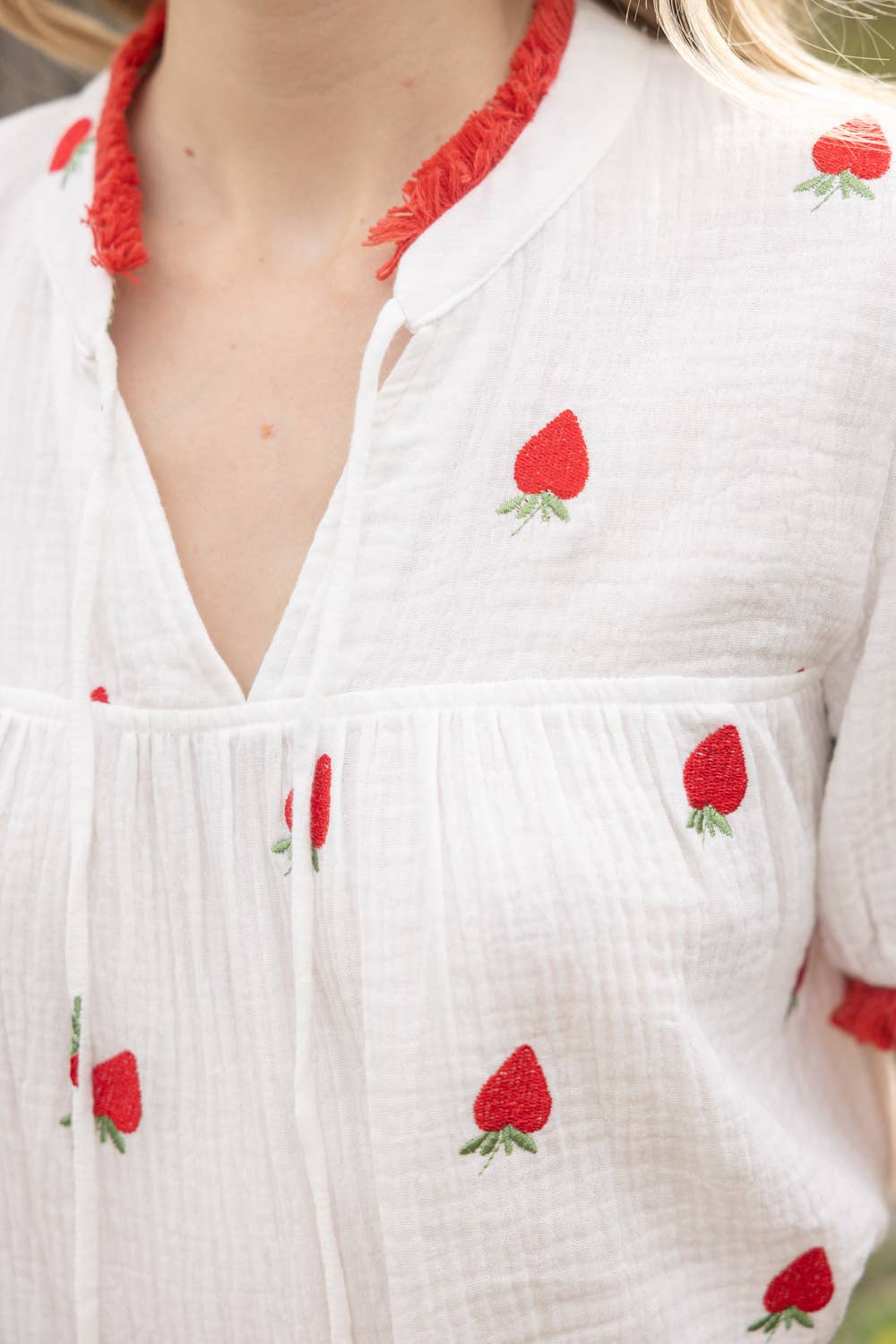 NORA Strawberry Embroidery Gauze Top
