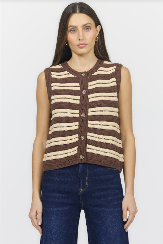 DEAR JOHN Maeve Striped Knit Button Up Vest - Cappuccino Combo
