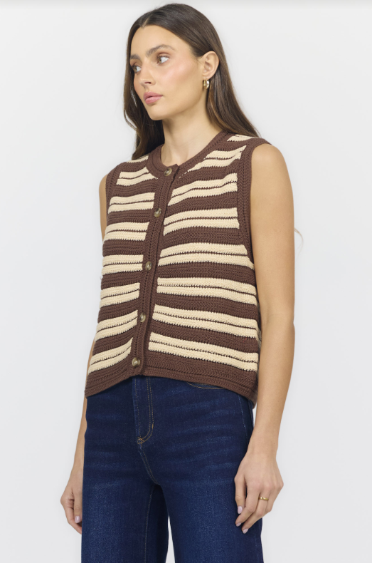 DEAR JOHN Maeve Striped Knit Button Up Vest - Cappuccino Combo
