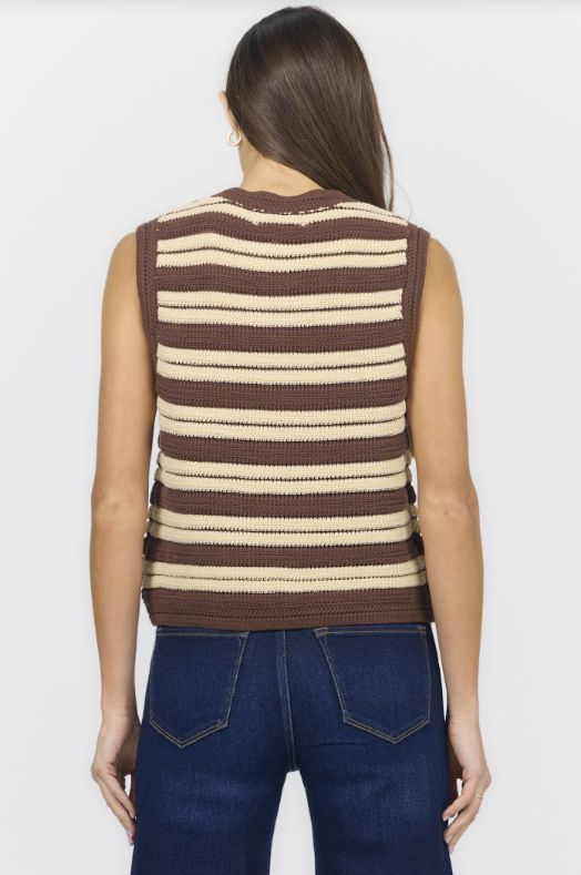 DEAR JOHN Maeve Striped Knit Button Up Vest - Cappuccino Combo